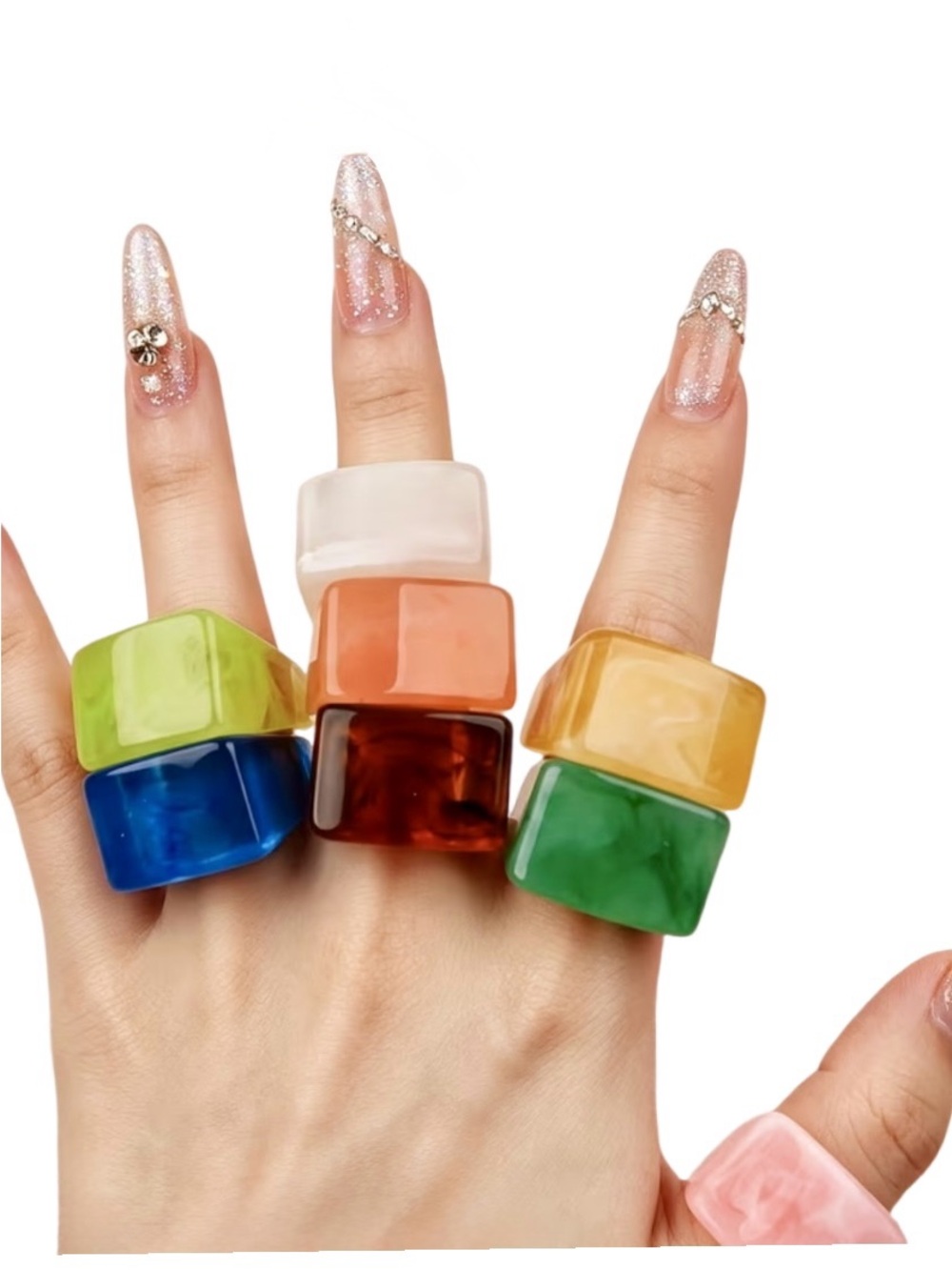Y2K Pop-Art Geometric Marbled Statement Ring Set 8-Piece Colorful Acrylic NWOT